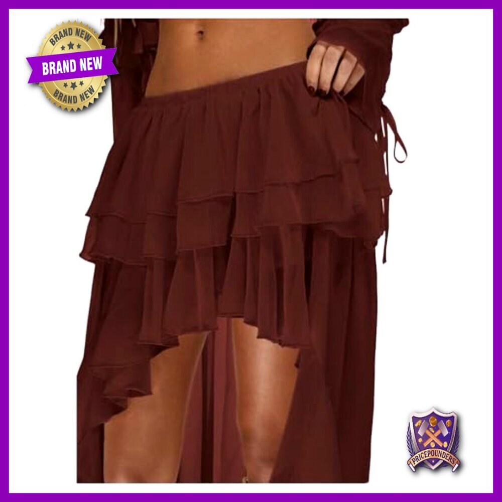 Boho Layered Ruffle Chiffon Maxi Skirt Elastic Waist Asymmetrical - Picture 4 of 5